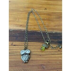 AEA Owl W/ Clear Rhinestones Pendant Necklace 19” Antique Gold Tone Charm